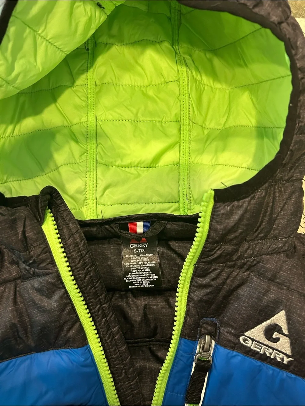 Gerry Boys Down Puffer Jacket Size 7/8 Small Blue Black Hooded 650 Fill Power